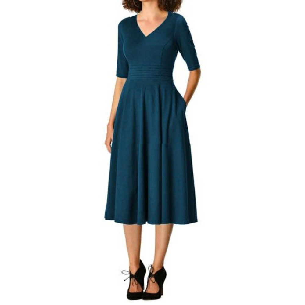 Eshakti teal blue fit and flare v-neck midi dress